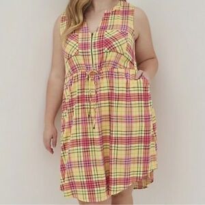 Torrid Mini Challis Zip-Front Shirt Dress Pink Yellow Plaid Plus Size 1X
